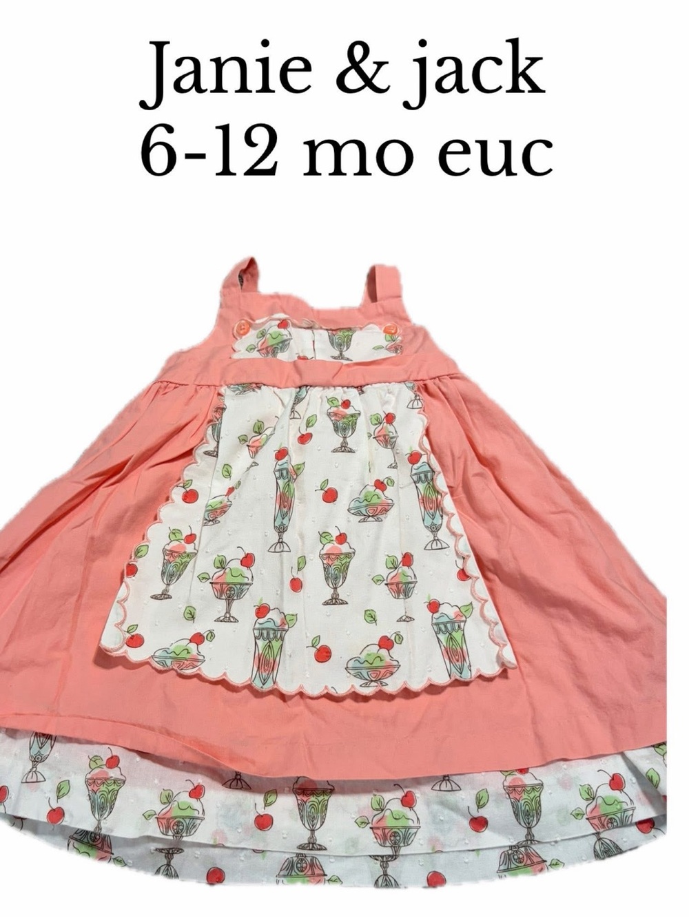 Janie & Jack 6-12 mo ICE CREAM SOCIAL Sundae Apron Dress Peach Cotton Vintage